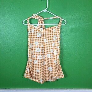 Belle Poque Women's Mustard Gingham White Daisy Halter Top Size XL